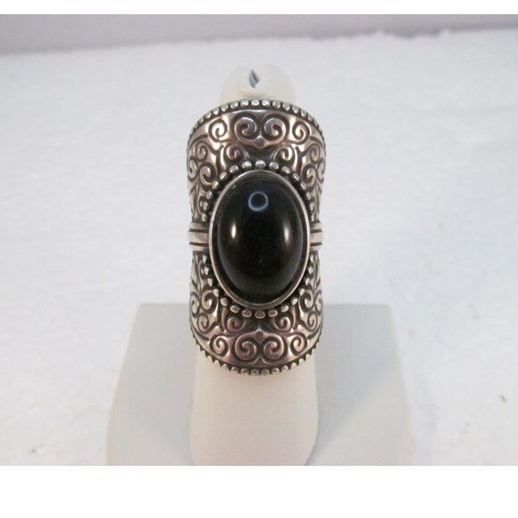 Ornate Swirl Full Finger Silver Plated Copper Ring with Black Cabochon - Picture 1 of 16